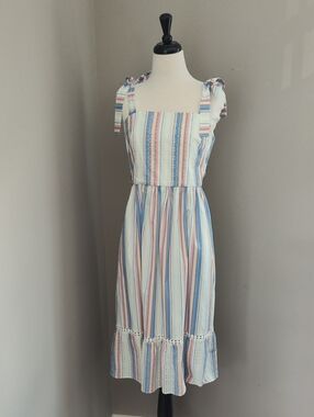 Beautiful Pastel Stripe Tie-Shoulder Midi Dress in Blue, Pink, Cream